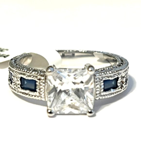 Sapphire Engagement Ring Size 8 9 10 Blue Cubic Zirconia Simulated RhodiumPlated - Picture 3 of 9